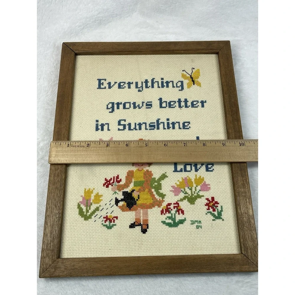 Vintage Cross Stitch Framed Quote Sunshine Love Girl Garden Floral 13x10